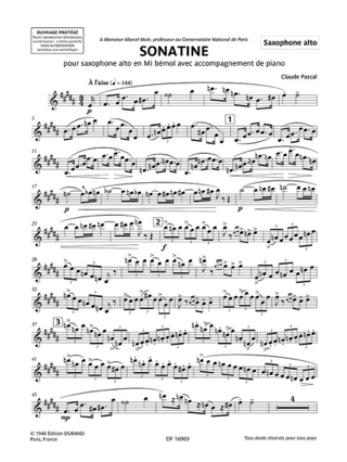 Sonatine - Saxophone - Claude Pascal - Partition - Saxophone